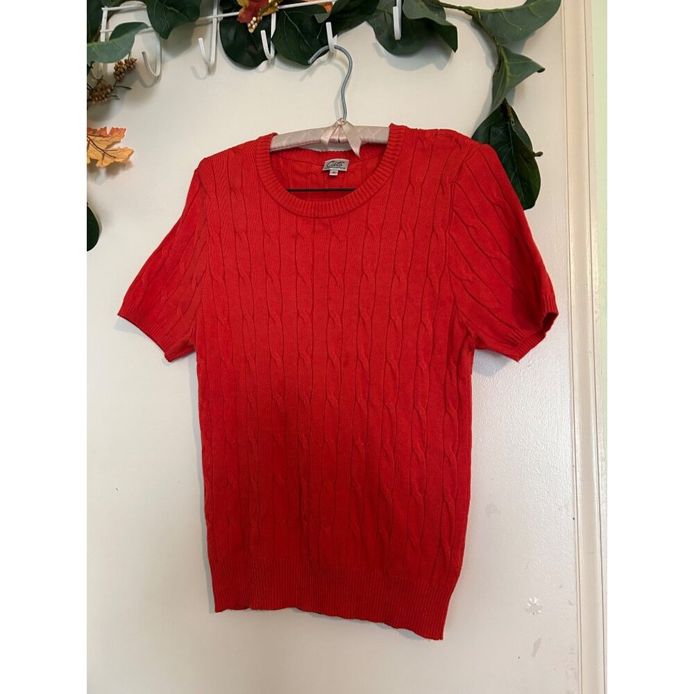 Cielo Women's Size XL VISCOSE Red Cable Knit Short Sleeve Round Neck Preppy Work